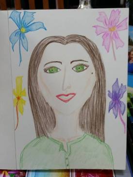 I made this drawing of my Mum, just from out of my head. I was hoping it showed her beauty and her lively energetic nature, and of course her love for flowers.